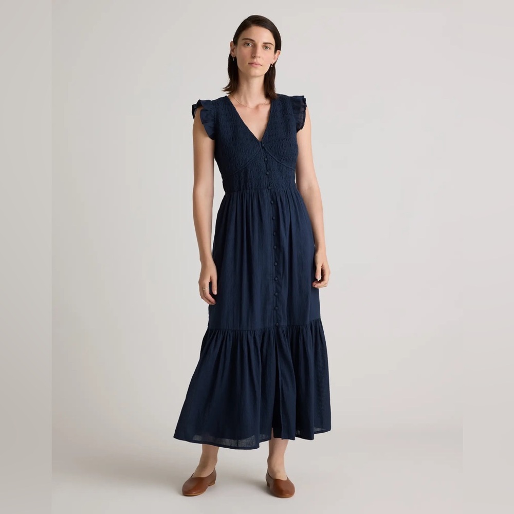 Quince Womens Organic Textured Cotton Smocked V-Neck Midi Dress XS
